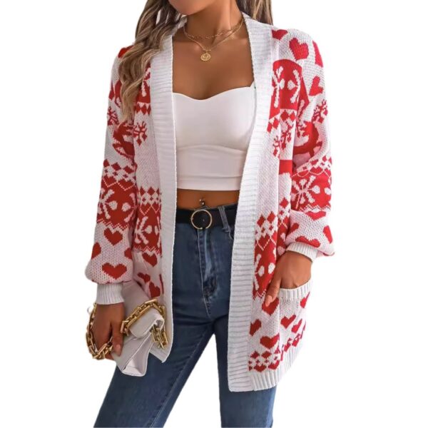 2024 Christmas Clothes Women's Open Front Cardigan Knitwear Lantern Sleeve Xmas Printed Oversized Deer Sweater Pockets Knitted - Image 4