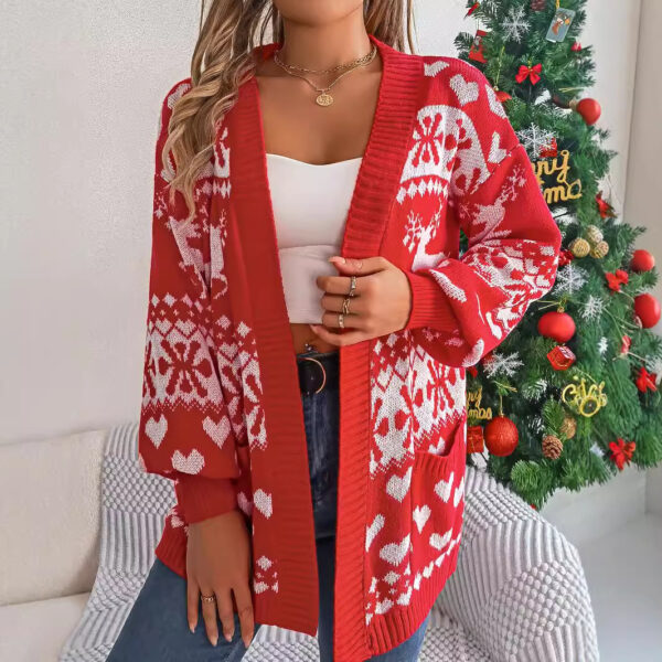 2024 Christmas Clothes Women's Open Front Cardigan Knitwear Lantern Sleeve Xmas Printed Oversized Deer Sweater Pockets Knitted - Image 7